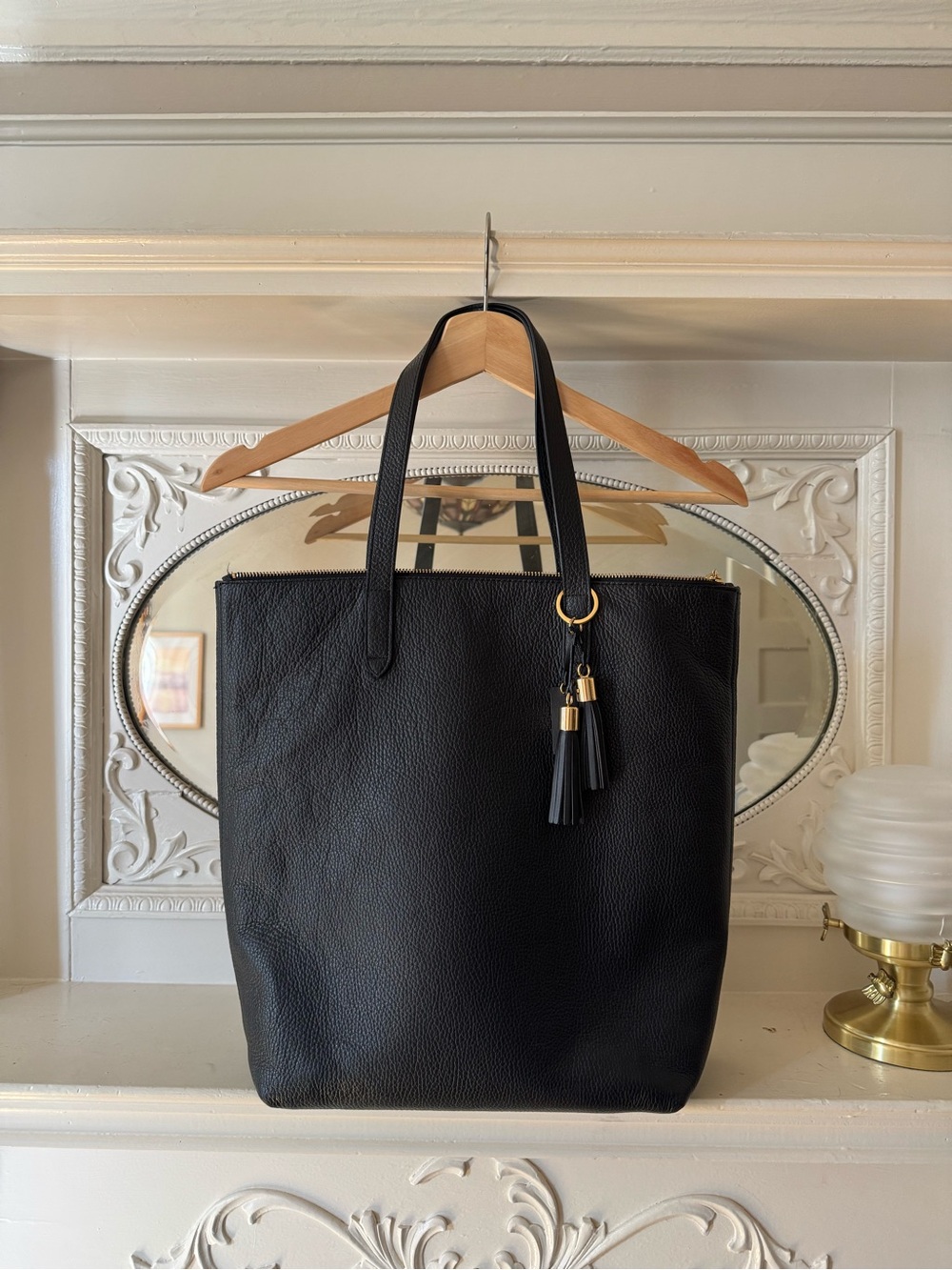 Cuyana Black Leather Tote with Tassel Accent